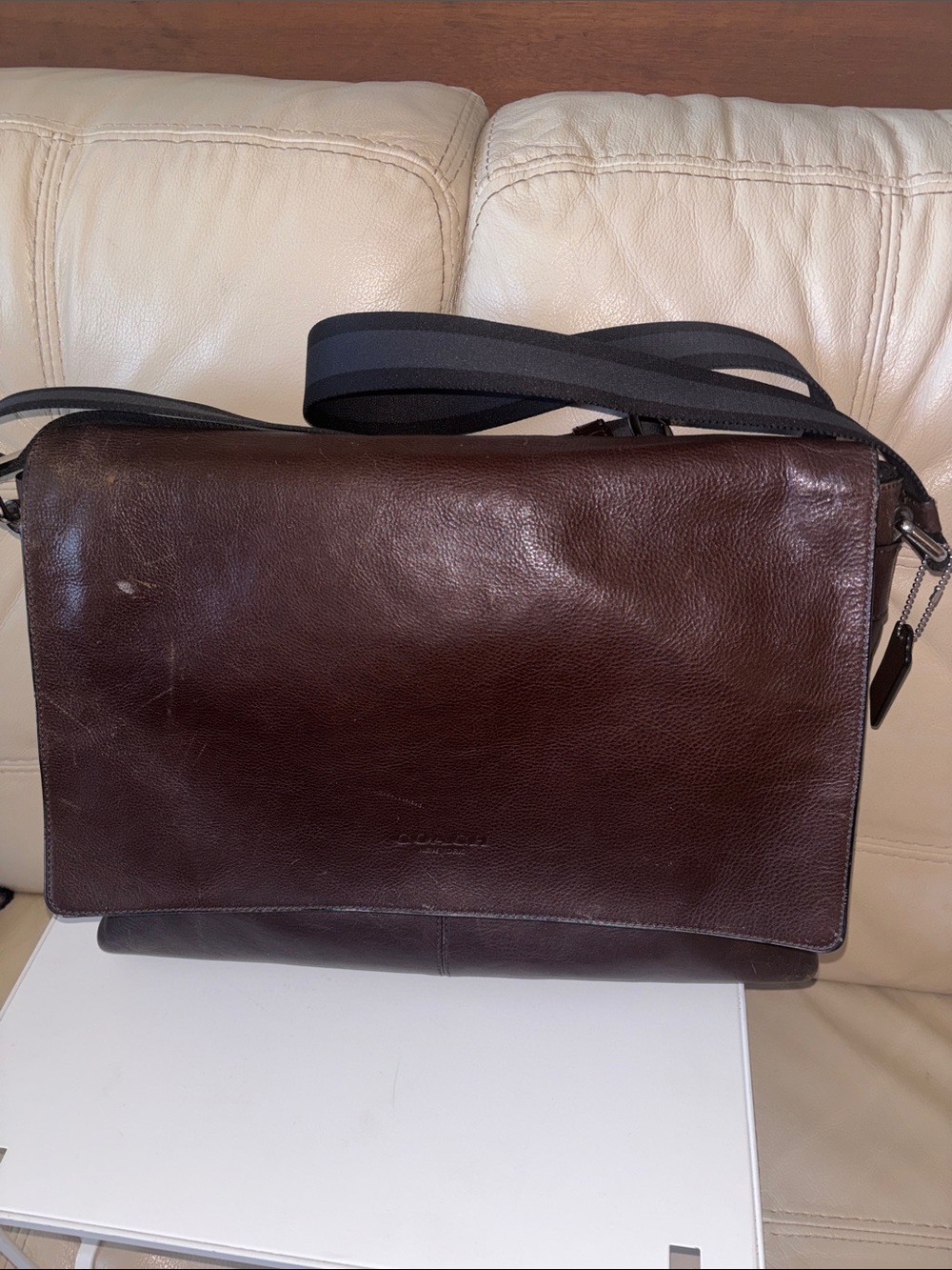 Coach Men's Brown Leather Messenger Bag with Stripe Strap